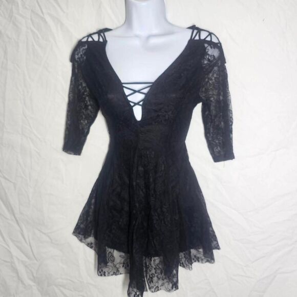 Vintage y2k goth black strappy lace babydoll top - Picture 1 of 5